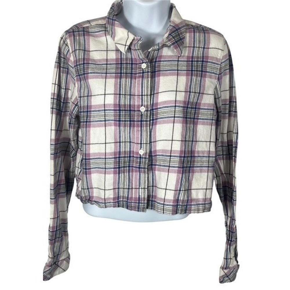 VANS Womens Sz S Plaid Flannel Cropped Button-Up Purple 90s Comfort Style-1469